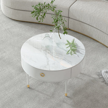 Round Slate Top Cocktail Table 1-Drawer 4 Legs Coffee Table in White of 17.7" H