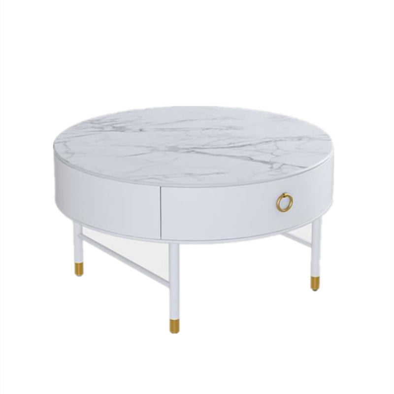 Round Slate Top Cocktail Table 1-Drawer 4 Legs Coffee Table in White of 17.7" H