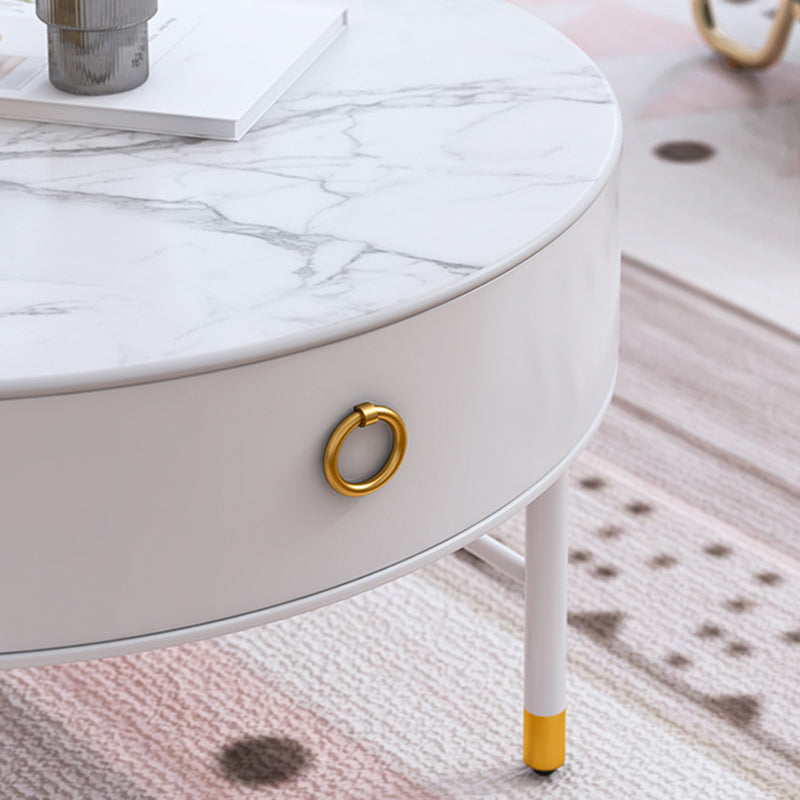Round Slate Top Cocktail Table 1-Drawer 4 Legs Coffee Table in White of 17.7" H