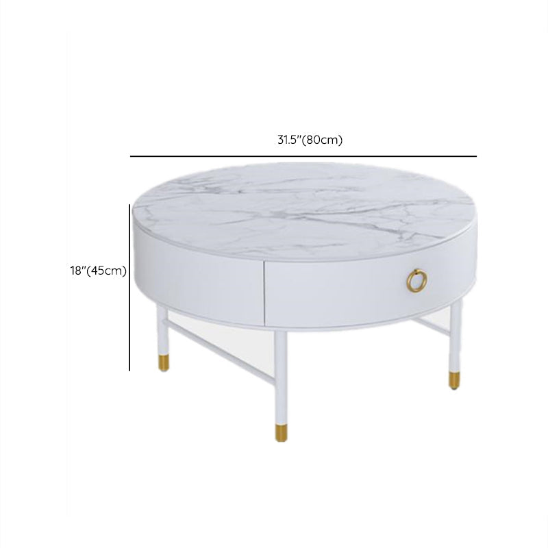 Round Slate Top Cocktail Table 1-Drawer 4 Legs Coffee Table in White of 17.7" H