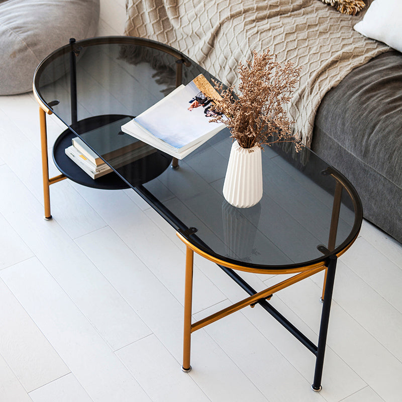 Modernism Elliptical Glass Top Coffee Cocktail Table with Shelf 31.5"L x 16"W x 18"H Clearhalo 'Coffee & Accent Tables' 'Coffee Tables' 'coffee_tables' 'furn' 'furn_coffee_tables' 'Furniture' 'Living Room Furniture' 6254588