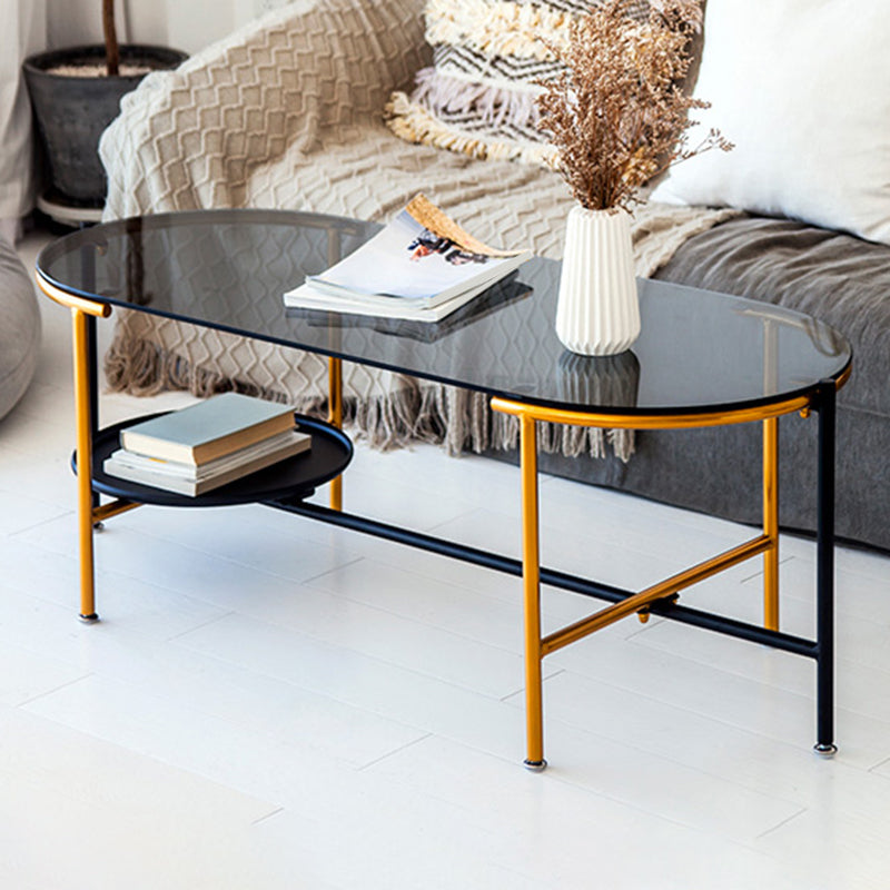 Modernism Elliptical Glass Top Coffee Cocktail Table with Shelf Clearhalo 'Coffee & Accent Tables' 'Coffee Tables' 'coffee_tables' 'furn' 'furn_coffee_tables' 'Furniture' 'Living Room Furniture' 6254589