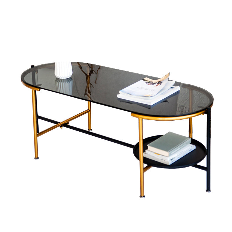 Modernism Elliptical Glass Top Coffee Cocktail Table with Shelf Clearhalo 'Coffee & Accent Tables' 'Coffee Tables' 'coffee_tables' 'furn' 'furn_coffee_tables' 'Furniture' 'Living Room Furniture' 6254591