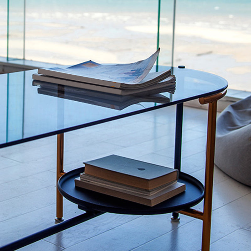 Modernism Elliptical Glass Top Coffee Cocktail Table with Shelf Clearhalo 'Coffee & Accent Tables' 'Coffee Tables' 'coffee_tables' 'furn' 'furn_coffee_tables' 'Furniture' 'Living Room Furniture' 6254592