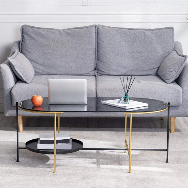 Modernism Elliptical Glass Top Coffee Cocktail Table with Shelf Clearhalo 'Coffee & Accent Tables' 'Coffee Tables' 'coffee_tables' 'furn' 'furn_coffee_tables' 'Furniture' 'Living Room Furniture' 6254597