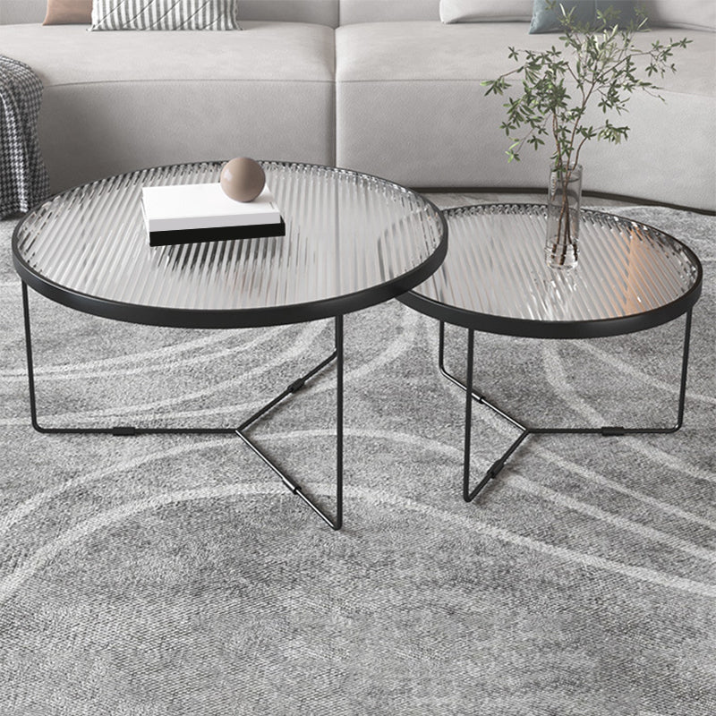 Contemporary Round Glass Top Metal Cross Legs Nesting Coffee Table 28''L x 28''W x 18''H + 20''L x 20''W x 15''H Black Clearhalo 'Coffee & Accent Tables' 'Coffee Tables' 'coffee_tables' 'furn' 'furn_coffee_tables' 'Furniture' 'Living Room Furniture' 6254602