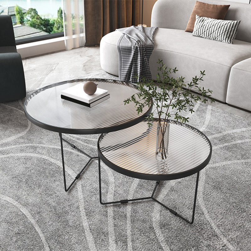 Contemporary Round Glass Top Metal Cross Legs Nesting Coffee Table 24"L x 24"W x 18"H + 18"L x 18"W x 14.5"H Black Clearhalo 'Coffee & Accent Tables' 'Coffee Tables' 'coffee_tables' 'furn' 'furn_coffee_tables' 'Furniture' 'Living Room Furniture' 6254609