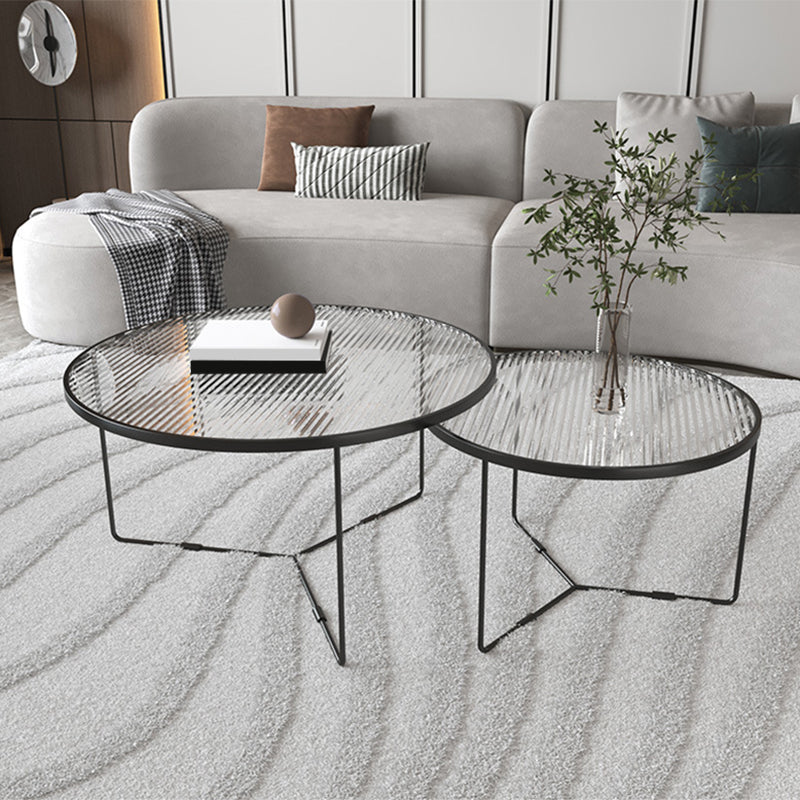 Contemporary Round Glass Top Metal Cross Legs Nesting Coffee Table 31.5"L x 31.5"W x 18"H + 23.5"L x 23.5"W x 14.5"H Black Clearhalo 'Coffee & Accent Tables' 'Coffee Tables' 'coffee_tables' 'furn' 'furn_coffee_tables' 'Furniture' 'Living Room Furniture' 6254612
