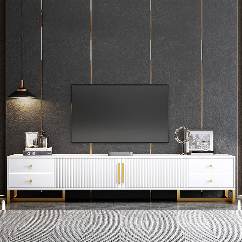 Console multimediale moderna per TV in marmo con contenitore chiuso e gambe in metallo per soggiorno
