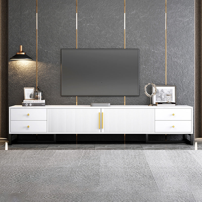 Console multimediale moderna per TV in marmo con contenitore chiuso e gambe in metallo per soggiorno