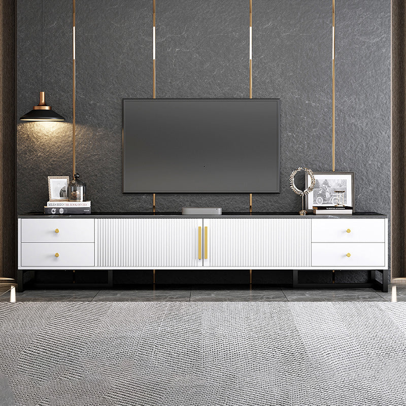 Console multimediale moderna per TV in marmo con contenitore chiuso e gambe in metallo per soggiorno