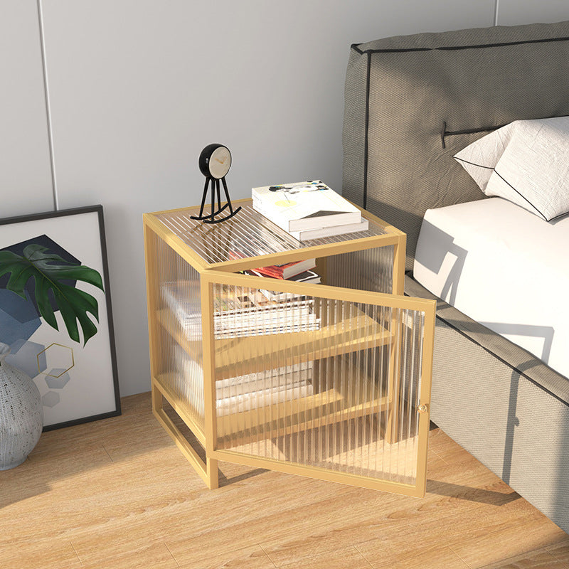 Mesa de nocturna de vidrio nocturno de metal contemporáneo con 1 puerta, 21.7 "de alto