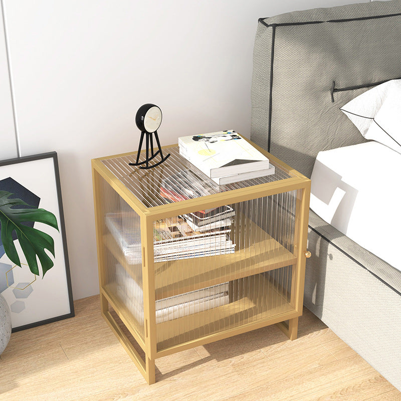 Mesa de nocturna de vidrio nocturno de metal contemporáneo con 1 puerta, 21.7 "de alto