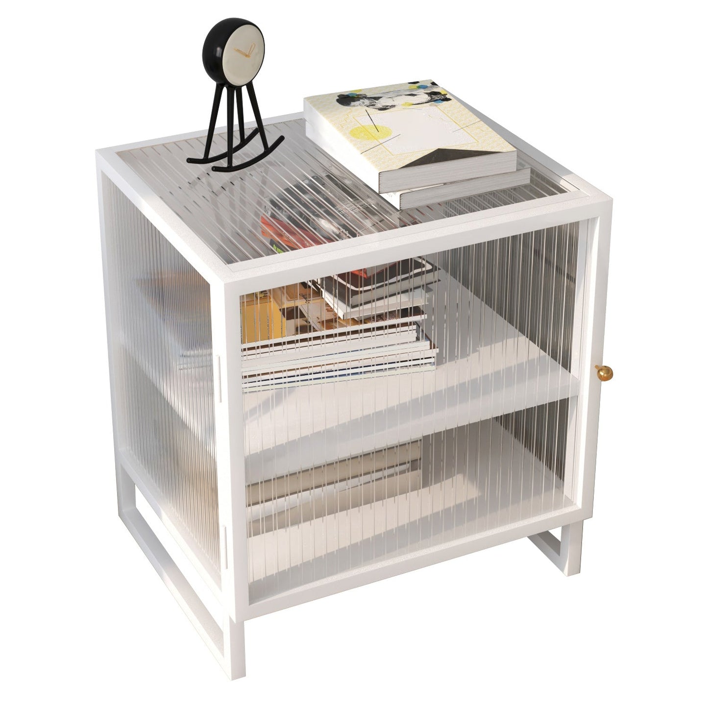 Mesa de nocturna de vidrio nocturno de metal contemporáneo con 1 puerta, 21.7 "de alto