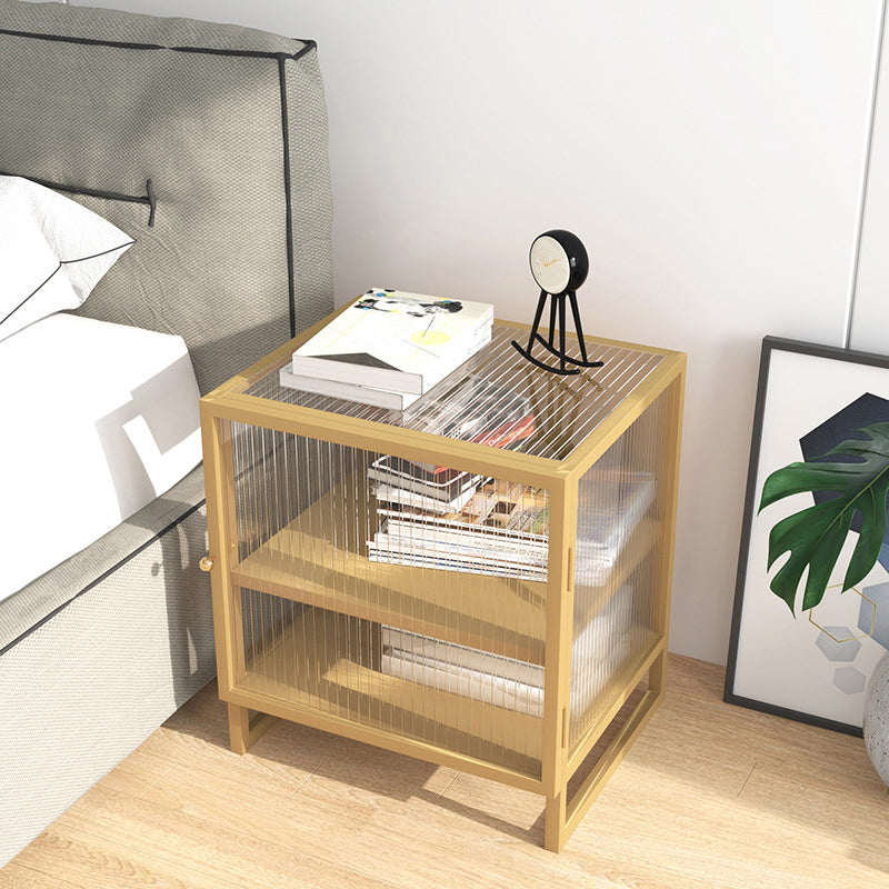 Mesa de nocturna de vidrio nocturno de metal contemporáneo con 1 puerta, 21.7 "de alto