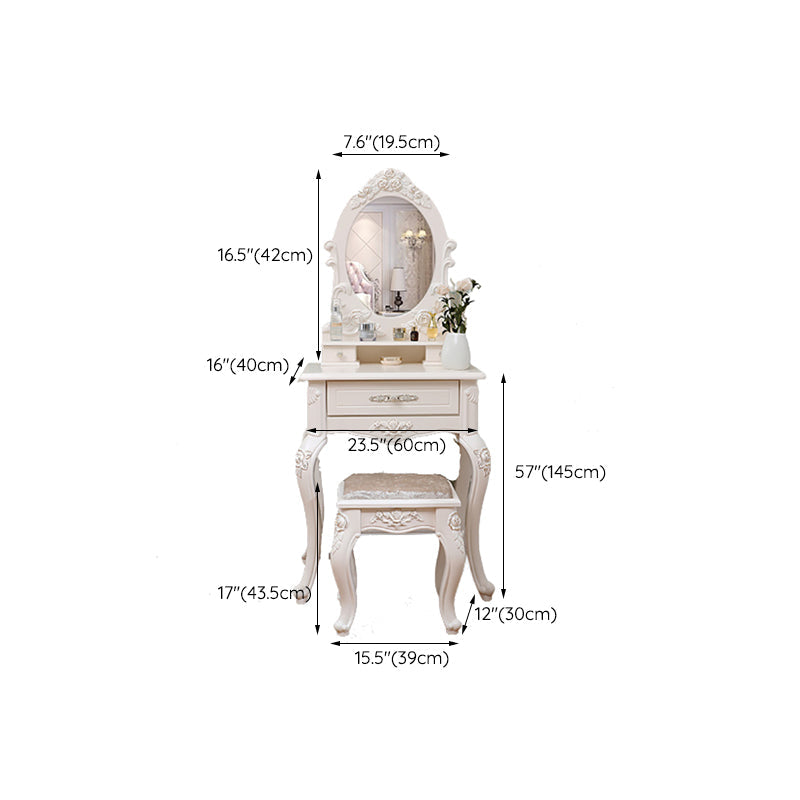 Victorian Mirrored Makeup Dressing Table Wood Stool Set in White Clearhalo 'Bedroom Furniture' 'furn' 'furn_makeup_vanities' 'Furniture' 'Makeup Vanities' 'makeup_vanities' 6256682