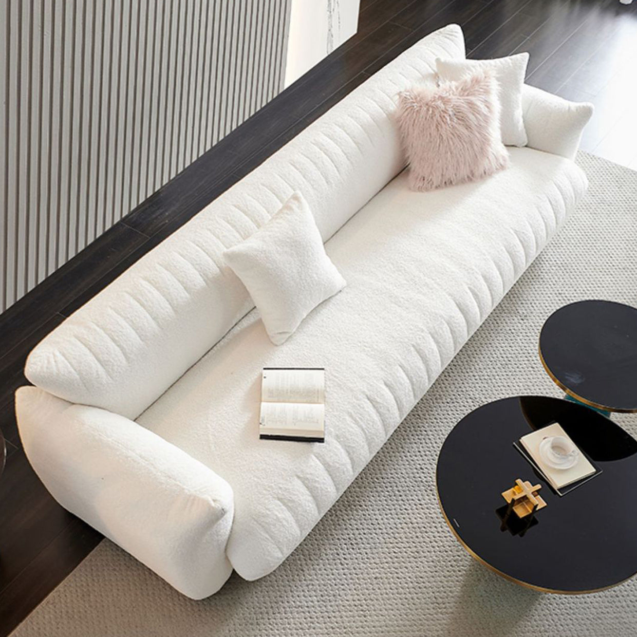 Modern 28.74" H Wool Recessed Arm Sofa in White for Living Room