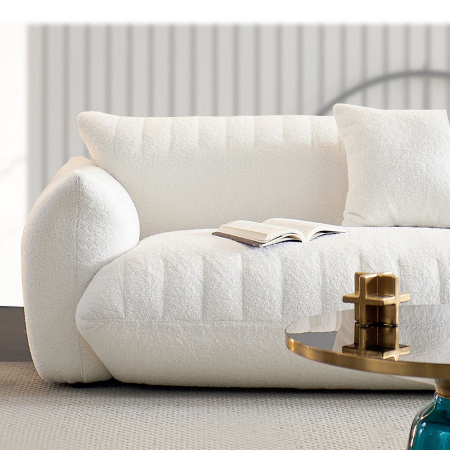 Modern 28.74" H Wool Recessed Arm Sofa in White for Living Room