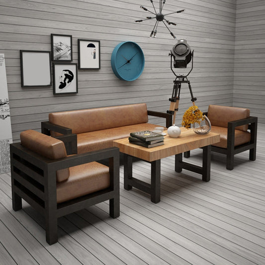 Zeitgenössisches braunes Ledersofa mit schwarzem Quadrat in Eisen für die Wohnung