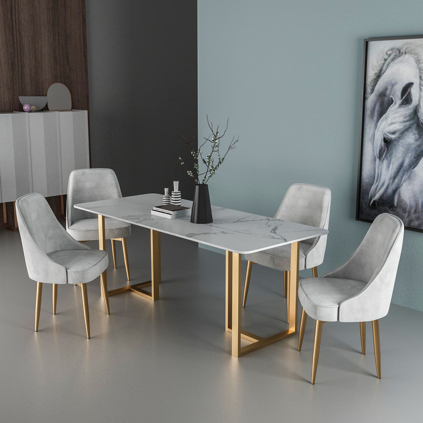 Modern Dining Set with Velvet Chairs 1/4/5/7 Pieces Dinette Set 5 Pieces: Table, 4 Grey Chairs Clearhalo 'Dining Room Sets' 'Dining Tables & Seating' 'dining_room_set' 'furn' 'furn_dining_room_set' 'Furniture' 'Kitchen & Dining Furniture' 6262533