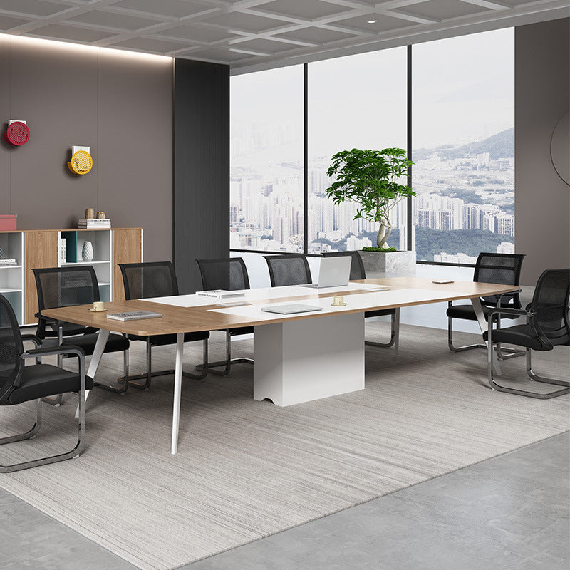 Artificial Wood Writing Desk Curved Industrial Office Desk in White and Natural 142"L x 54"W x 30"H Clearhalo 'furn' 'furn_office_desk' 'Furniture' 'Office Desks' 'Office Furniture' 'office_desk' 6262617