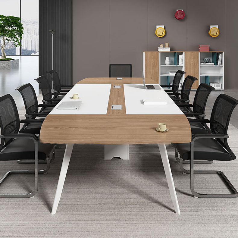 Artificial Wood Writing Desk Curved Industrial Office Desk in White and Natural 110.2"L x 47.2"W x 29.5"H Clearhalo 'furn' 'furn_office_desk' 'Furniture' 'Office Desks' 'Office Furniture' 'office_desk' 6262618