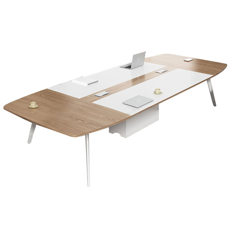 Artificial Wood Writing Desk Curved Industrial Office Desk in White and Natural 189"L x 59.1"W x 29.5"H Clearhalo 'furn' 'furn_office_desk' 'Furniture' 'Office Desks' 'Office Furniture' 'office_desk' 6262620