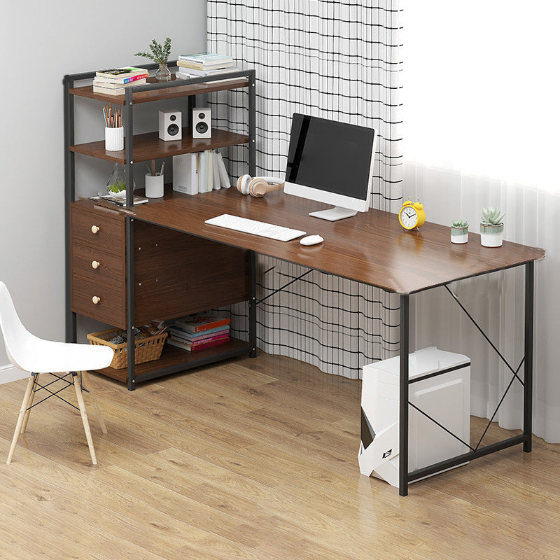 Metal and Wood Writing Desk Contemporary Corner Bedroom Office Desk with Bookshelf 55.1"L x 23.6"W x 43.3"H Brown Clearhalo 'furn' 'furn_office_desk' 'Furniture' 'Office Desks' 'Office Furniture' 'office_desk' 6262794