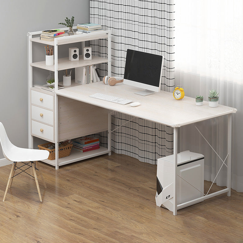 Metal and Wood Writing Desk Contemporary Corner Bedroom Office Desk with Bookshelf 55.1"L x 23.6"W x 43.3"H White-Apricot Clearhalo 'furn' 'furn_office_desk' 'Furniture' 'Office Desks' 'Office Furniture' 'office_desk' 6262795