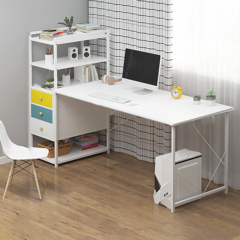 Metal and Wood Writing Desk Contemporary Corner Bedroom Office Desk with Bookshelf 55.1"L x 23.6"W x 43.3"H White Clearhalo 'furn' 'furn_office_desk' 'Furniture' 'Office Desks' 'Office Furniture' 'office_desk' 6262807
