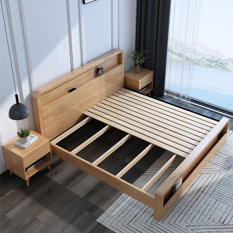 Storage Solid Wood Panel Bed Rubberwood Standard Bed with Headboard