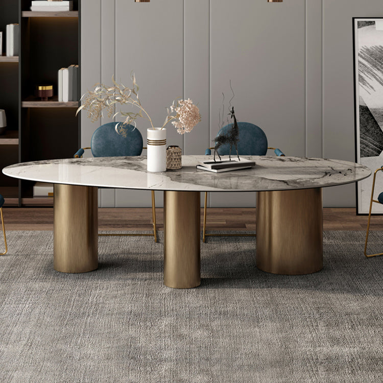 Sintered Stone Home Desk Luxury Oval Shape Fixed Table for Dining Room Pandora Gold 63"L x 31.5"W x 29.9"H Without Chairs Clearhalo 'Dining Tables & Seating' 'Dining Tables' 'dining_table' 'furn' 'furn_dining_table' 'Furniture' 'Kitchen & Dining Furniture' 6266154