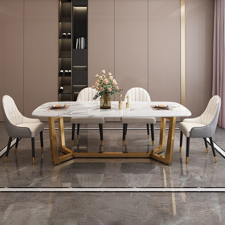 Rectangle Trestle Base Dining Table Glam Style Stone Kitchen Desk Gold 55.1"L x 31.5"W x 29.5"H Without Chairs Clearhalo 'Dining Tables & Seating' 'Dining Tables' 'dining_table' 'furn' 'furn_dining_table' 'Furniture' 'Kitchen & Dining Furniture' 6266375