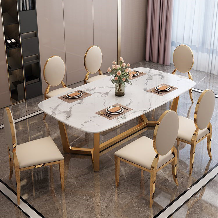Rectangle Trestle Base Dining Table Glam Style Stone Kitchen Desk Gold 70.9"L x 35.4"W x 29.5"H Without Chairs Clearhalo 'Dining Tables & Seating' 'Dining Tables' 'dining_table' 'furn' 'furn_dining_table' 'Furniture' 'Kitchen & Dining Furniture' 6266376