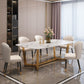 Rectangle Trestle Base Dining Table Glam Style Stone Kitchen Desk Gold 63"L x 35.4"W x 29.5"H Without Chairs Clearhalo 'Dining Tables & Seating' 'Dining Tables' 'dining_table' 'furn' 'furn_dining_table' 'Furniture' 'Kitchen & Dining Furniture' 6266377