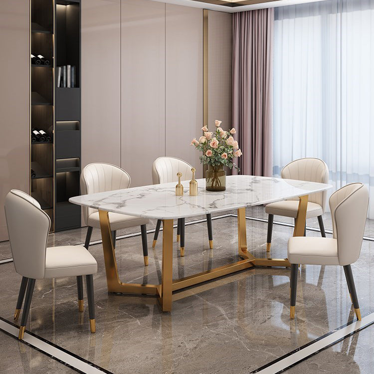 Rectangle Trestle Base Dining Table Glam Style Stone Kitchen Desk Gold 63"L x 35.4"W x 29.5"H Without Chairs Clearhalo 'Dining Tables & Seating' 'Dining Tables' 'dining_table' 'furn' 'furn_dining_table' 'Furniture' 'Kitchen & Dining Furniture' 6266377