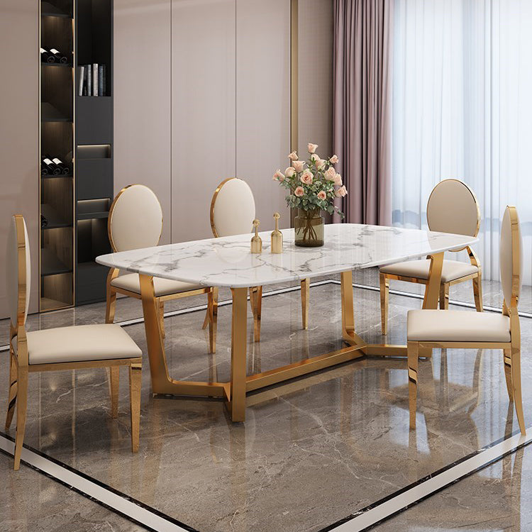 Rectangle Trestle Base Dining Table Glam Style Stone Kitchen Desk Clearhalo 'Dining Tables & Seating' 'Dining Tables' 'dining_table' 'furn' 'furn_dining_table' 'Furniture' 'Kitchen & Dining Furniture' 6266385