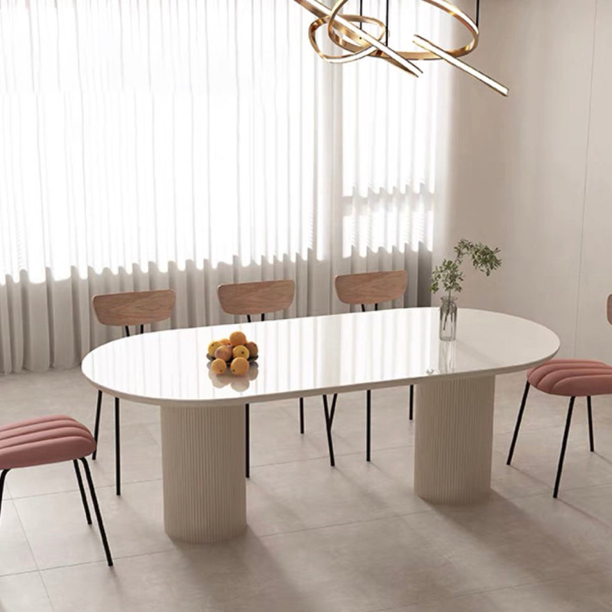 Contemporary Dining Table White Sintered Stone Double Pedestal Desk Oval 70.9"L x 35.4"W x 29.5"H Without Chairs Clearhalo 'Dining Tables & Seating' 'Dining Tables' 'dining_table' 'furn' 'furn_dining_table' 'Furniture' 'Kitchen & Dining Furniture' 6266585