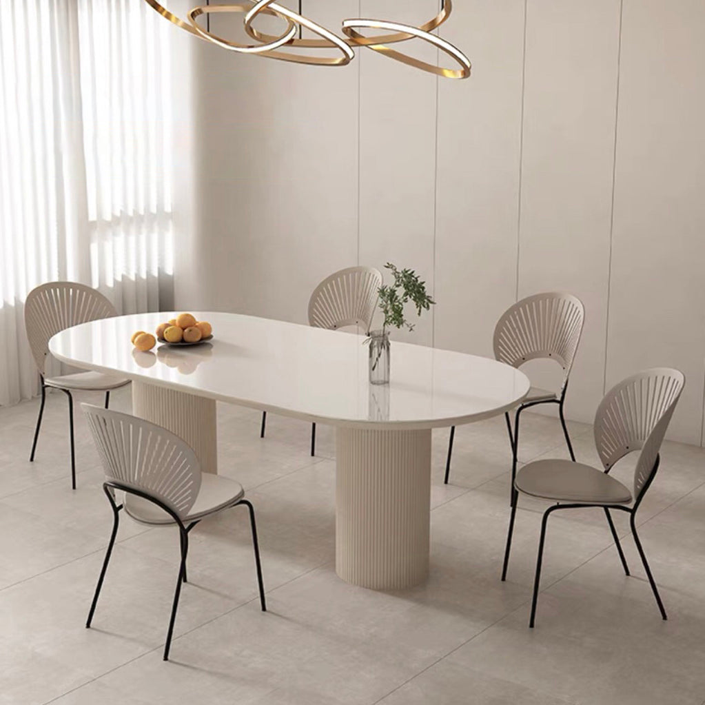 Contemporary Dining Table White Sintered Stone Double Pedestal Desk Oval 63"L x 33.5"W x 29.5"H Without Chairs Clearhalo 'Dining Tables & Seating' 'Dining Tables' 'dining_table' 'furn' 'furn_dining_table' 'Furniture' 'Kitchen & Dining Furniture' 6266586