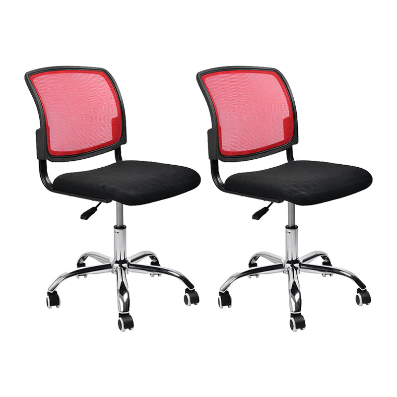 Contemporary Ergonomic Armless Chair Mid-Back Adjustable Desk Chair Red 2 Piece Set Steel Clearhalo 'furn' 'furn_office_chair' 'Furniture' 'Office Chairs' 'Office Furniture' 'office_chair' 6268060