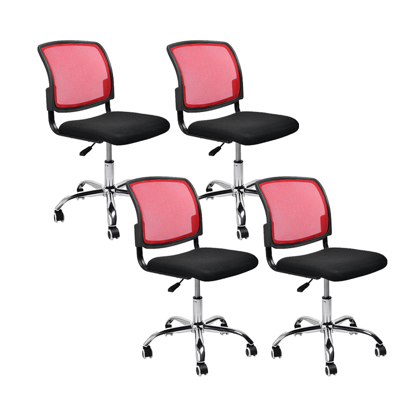 Contemporary Ergonomic Armless Chair Mid-Back Adjustable Desk Chair Red 4 Piece Set Steel Clearhalo 'furn' 'furn_office_chair' 'Furniture' 'Office Chairs' 'Office Furniture' 'office_chair' 6268061
