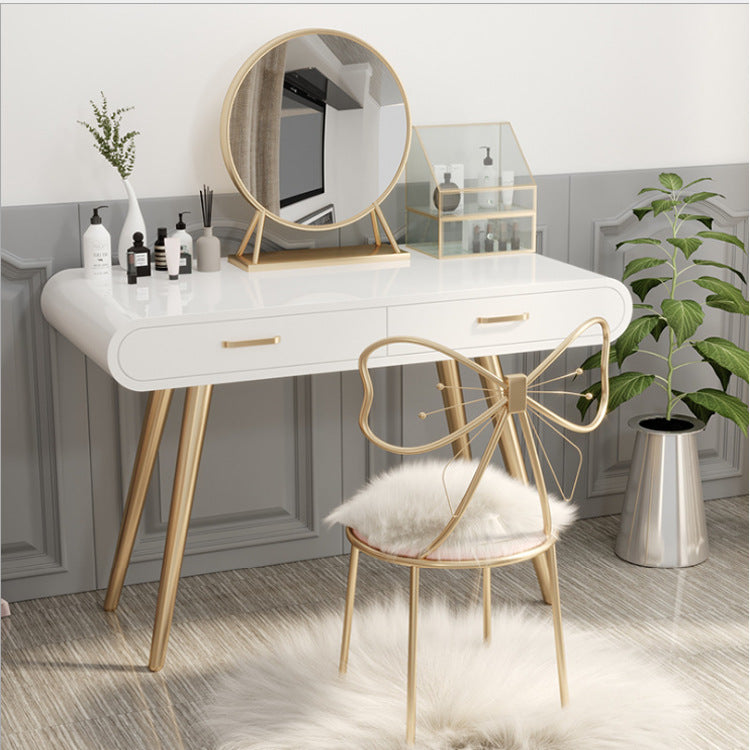 White Wood Makeup Vanity with 2 Drawers Mirrored Dressing Table Stool Set
