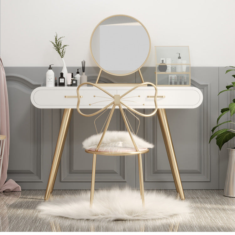 White Wood Makeup Vanity with 2 Drawers Mirrored Dressing Table Stool Set