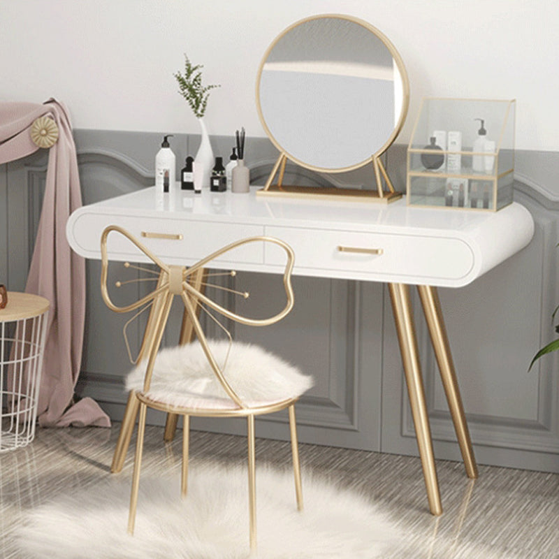 White Wood Makeup Vanity with 2 Drawers Mirrored Dressing Table Stool Set