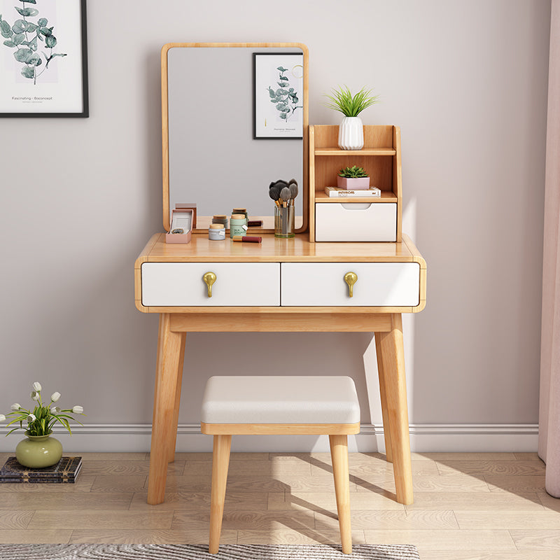Modern Solid Wood Vanity Makeup Table Vanity Stool with Mirror Makeup Vanity & Mirror & Stools Natural Wood White Clearhalo 'Bedroom Furniture' 'furn' 'furn_makeup_vanities' 'Furniture' 'Makeup Vanities' 'makeup_vanities' 6268497