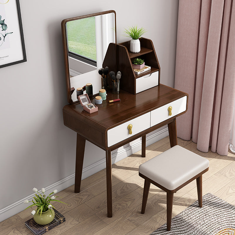 Modern Solid Wood Vanity Makeup Table Vanity Stool with Mirror Makeup Vanity & Mirror & Stools Walnut White Clearhalo 'Bedroom Furniture' 'furn' 'furn_makeup_vanities' 'Furniture' 'Makeup Vanities' 'makeup_vanities' 6268506