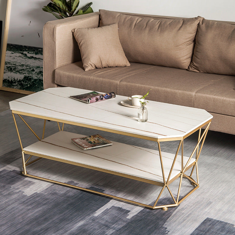 Luxe salontafel met stenen blad, cocktailtafel met metalen frame en plank