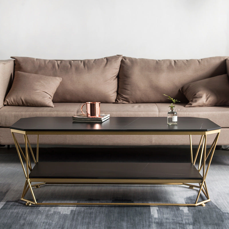 Luxe salontafel met stenen blad, cocktailtafel met metalen frame en plank