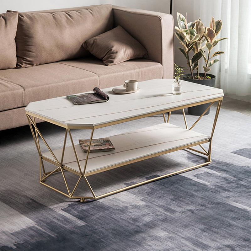 Luxe salontafel met stenen blad, cocktailtafel met metalen frame en plank