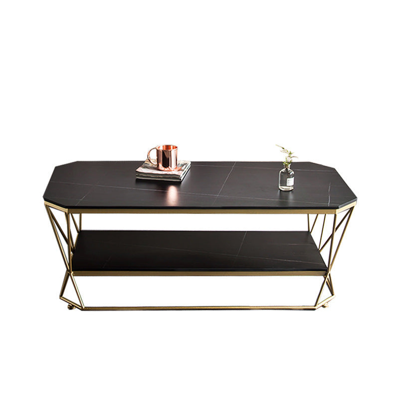 Luxe salontafel met stenen blad, cocktailtafel met metalen frame en plank
